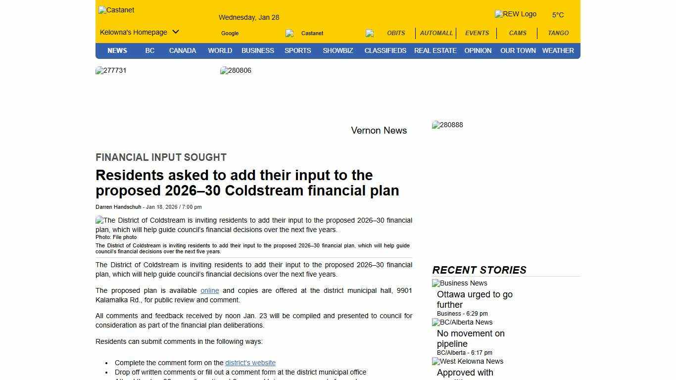 Residents asked to add their input to the proposed 2026–30 Coldstream financial plan - Castanet.net