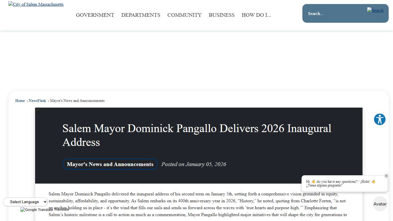 Salem Mayor Dominick Pangallo Delivers 2026 Inaugural Address • Salem, MA